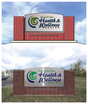 Hazleton Health & Wellness Center Rendering and photo of monument signage
